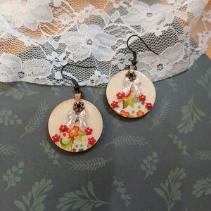 Handcrafted Floral Red Accent Wood Drop Earrings